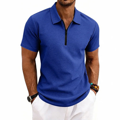 Men's Zip Polo Shirt Short Sleeve Waffle Textured Casual Top 2026