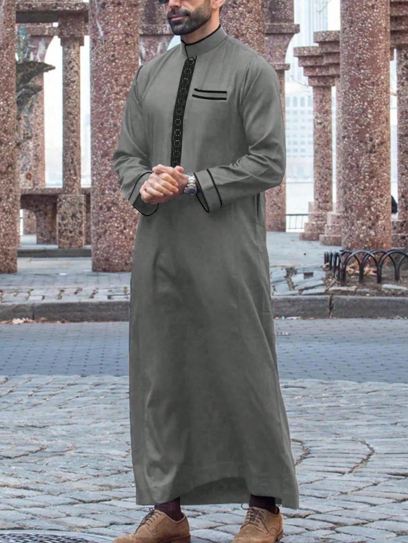 Islamic Muslim Arabic Casual Men's Abaya Long Sleeve Embroidered Stand Collar Arabic Abaya Men's Traditional Clothing