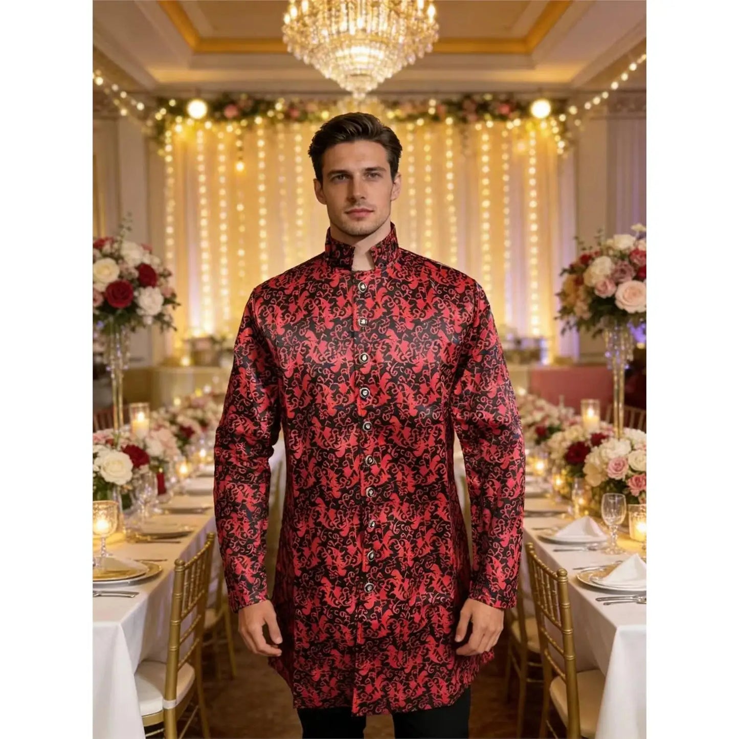 Medieval Men's Kurta Sherwani Jacket Shiny Wedding Robe  Collar Ethnic Clothing Polyester Fiber 100% Printed Design