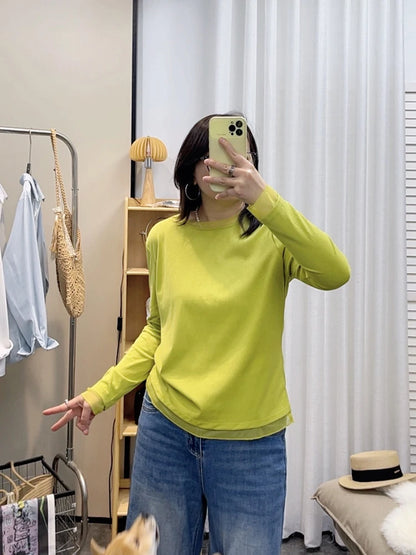 Spring New plus Size round Neck Mesh Splice Loose Long Sleeve Base Shirt Women Fat MM Slimming Belly Cover Simple T-shirt