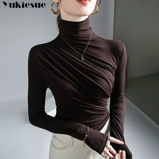 Pleated Stretch T-shirt New Spring Autumn Turtleneck Bottoming Pullover Women's Casual Elegant Basic Top Shirts Harajuku Gothic