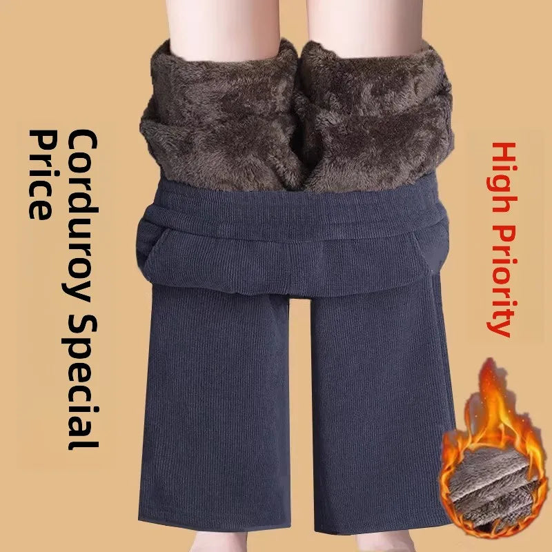 Thickened Fleece Lined Corduroy Straight Leg Casual Pants Women's High Waist Elastic Waist Warm Trousers Autumn Winter New Style