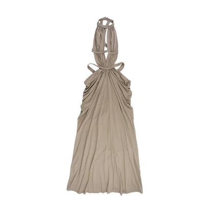 Halter Cut-Out Draped Super-Cut Back Bare Elegant Party Maxi Dress Waistless Backless Sleeveless Khaki Evening Prom Long Dress