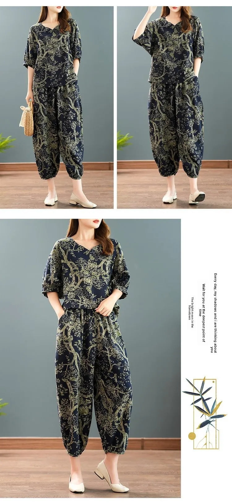 New Summer Floral Print Midi Sleeve Cotton Linen Loose Women's Two-Piece Set Ethnic Style Mom Clothes Comfortable Breathable