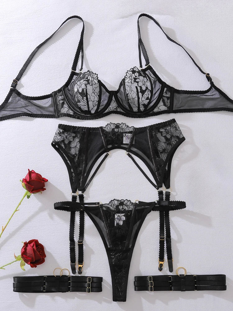 Belamimi Sexy Lingerie Cross Lace Splicing Women's Embroidery See-Through Passionate Temptation Leg Rings Free Charge Underwear