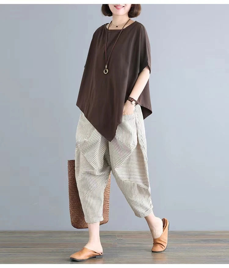 Cotton Blend Loose Fit Casual Women's T-irt And Harlan Pants Set Single Piece Summer Faion Ensemble for plus Size