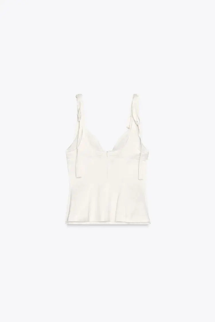 Summer New Women's Simple Style V-neck Sleeveless  Knot Decorated Silk Satin Feel Strap Top Original Design Slim Fit