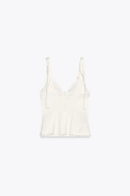 Summer New Women's Simple Style V-neck Sleeveless  Knot Decorated Silk Satin Feel Strap Top Original Design Slim Fit