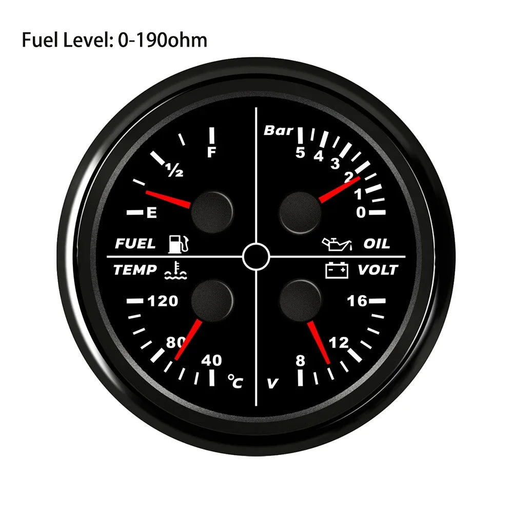 ELING Waterproof Auto Marine 85mm 4 in 1 Gauge Oil Pressure Water Temp Fuel Level Voltmeter for Motorcycle 8-16V
