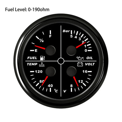 ELING Waterproof Auto Marine 85mm 4 in 1 Gauge Oil Pressure Water Temp Fuel Level Voltmeter for Motorcycle 8-16V