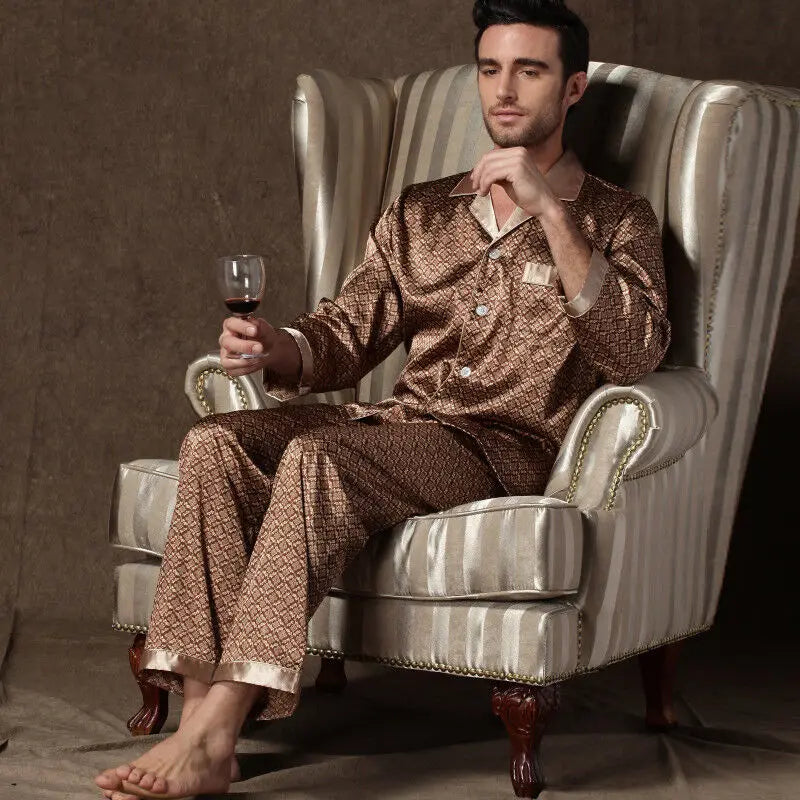 Men's Satin Pajama Home Clothes Suit Autumn Long Sleeve Button-Down Tops & Pants Sleepwear 2 Pieces Man Pyjama Loungewear Pj Set