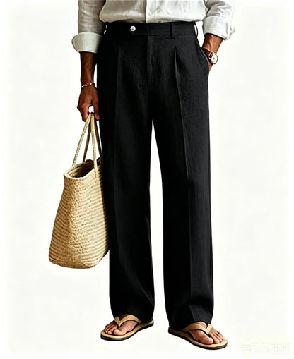 Men's Linen Beige Pants Straight Leg Trousers High Waist Pleated Lightweight Breathable Cool Summer Casual For Beach Vacation