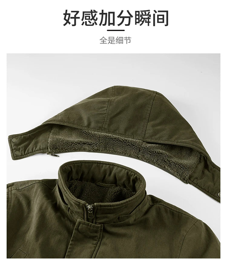 Winter Men Pilot Jacket Fleece Spring Military Full-Zip Removable Hooded Cotton Flight Parka Jacket Fleece Lined Plush Warm Coat