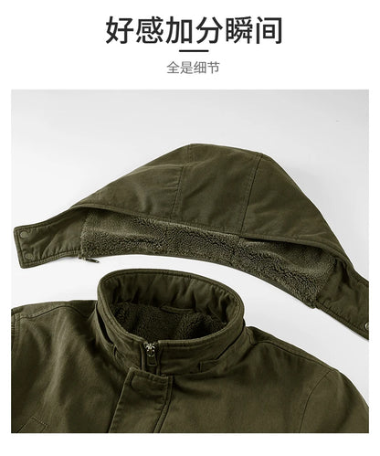 Winter Men Pilot Jacket Fleece Spring Military Full-Zip Removable Hooded Cotton Flight Parka Jacket Fleece Lined Plush Warm Coat