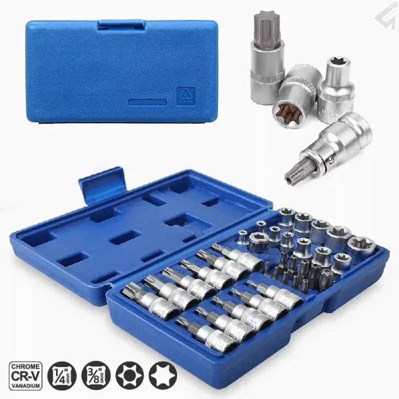TRD For 34Pcs Torx Star Sockets & Bit Set Handheld Tool Male / Female E- Security Bits Drive Torque Star Socket with Blue Case