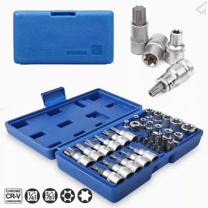 TRD For 34Pcs Torx Star Sockets & Bit Set Handheld Tool Male / Female E- Security Bits Drive Torque Star Socket with Blue Case