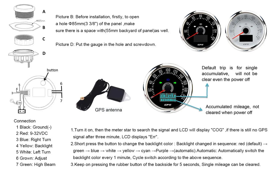 85MM Digital GPS Speedometer 0-160MPH 0-200KMH Speed Meter With GPS Antenna For Car Marine Boat 7 Color Backlight Speed Gauge