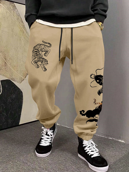 Men's Streetwear Traditional Chinese White Tiger Koi Fish Print Sweatpants Elastic Waist Soft Asian Hip Hop Daily Joggers