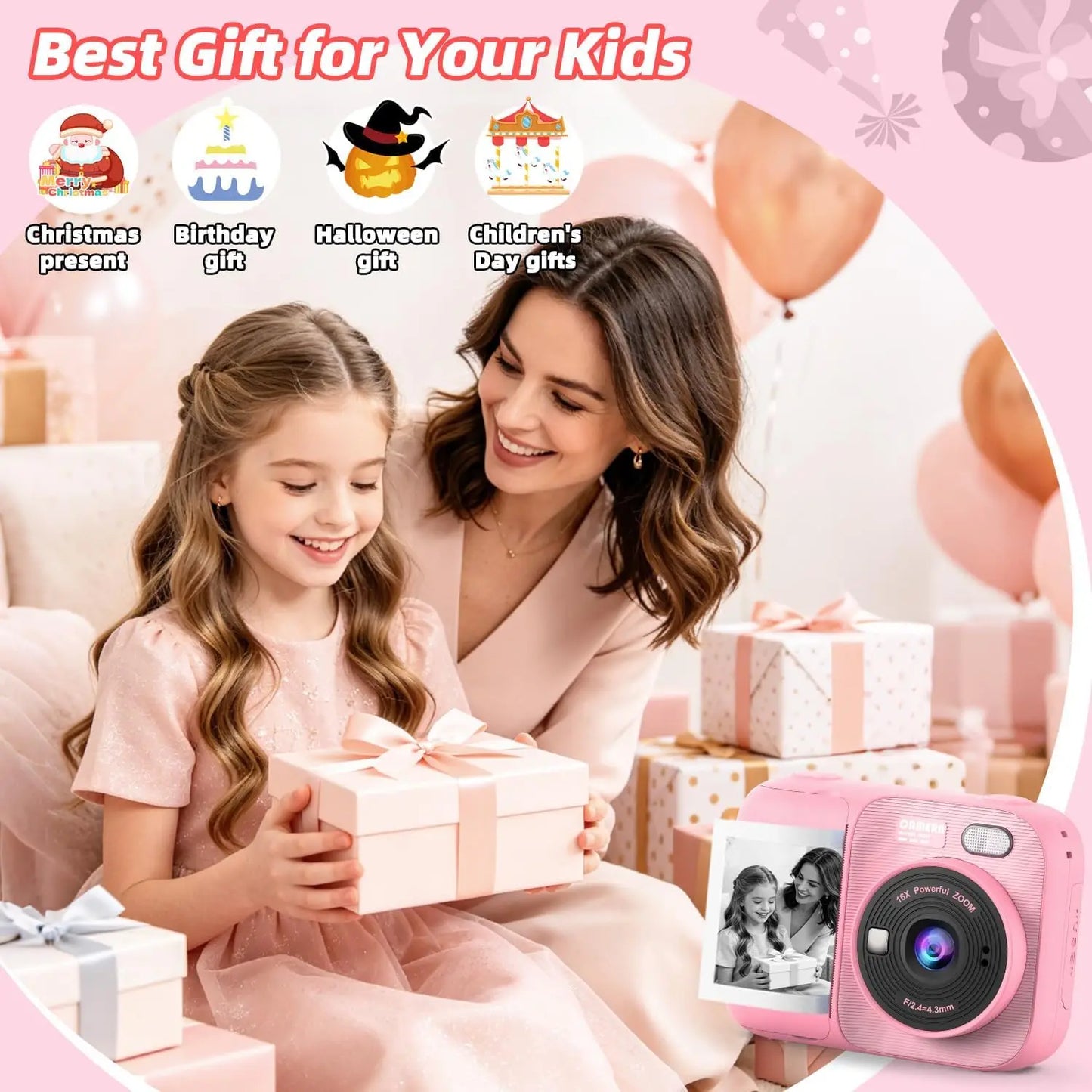 Kids Instant Print Camera with 5 Rolls Print Paper 1080P HD Toddler Selfie Camera for Children Best Christmas Birthday Gifts Toy