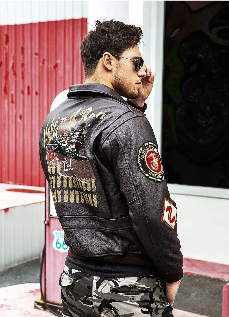 men's Retro Embroidered Leather Jacket CASUAL Loose Fit Pure Cowhide Air Force G1 Pilot Jacket with Fur Collar genuine leather