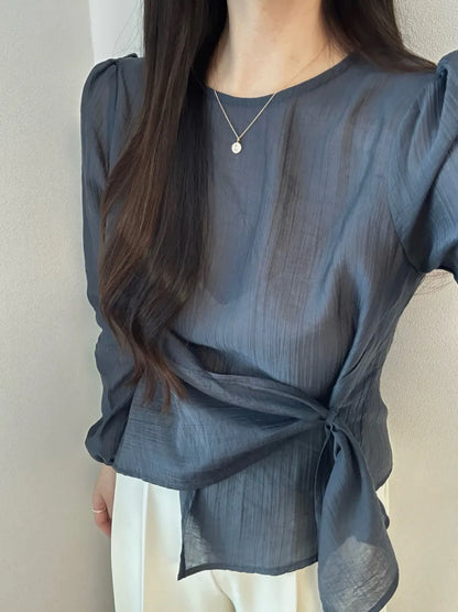 Spring 2026 Chic Korean Style Women's Long Sleeve round Neck Overhead Shirt Loose Fit Slimming Versatile Fashionable Top