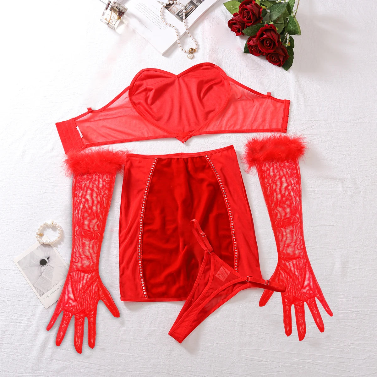 Luxury Lingerie Sexy Red Strapless Love Vest Wrap Hip Dress Set Comfortable See Through Mesh Erotic Four Piece Set