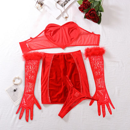 Luxury Lingerie Sexy Red Strapless Love Vest Wrap Hip Dress Set Comfortable See Through Mesh Erotic Four Piece Set