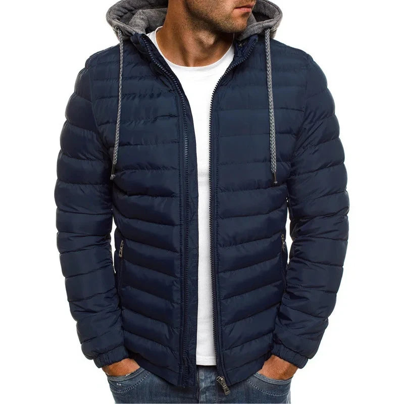 New men's detachable hat with padding, hooded cardigan with drawstring for winter warmth, jacket top, 2024