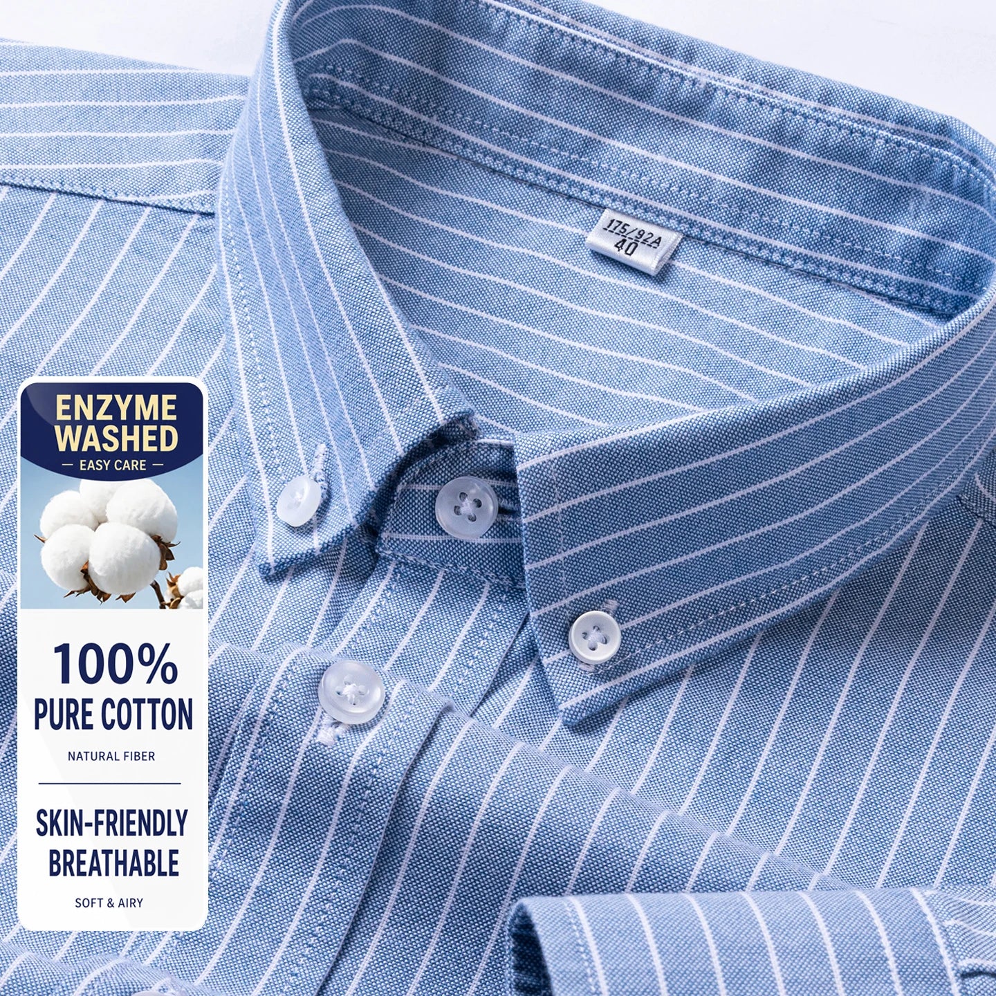 Men Cotton Oxford Shirt Long Sleeve Button Down Casual Business Shirt Pre-Shrunk Enzyme Washed Breathable Wrinkle Resistant