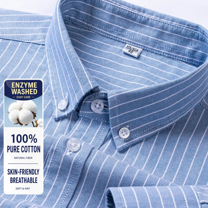 Men Cotton Oxford Shirt Long Sleeve Button Down Casual Business Shirt Pre-Shrunk Enzyme Washed Breathable Wrinkle Resistant