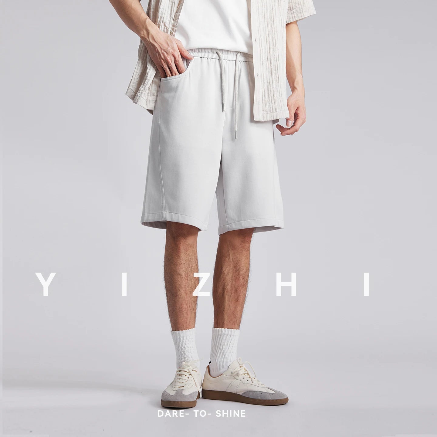 Men's Draped Ice Silk Casual Shorts Summer Solid Color Loose Drawstring Elastic Waist Wide Leg Five Points Sports Middle Pants