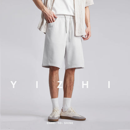 Men's Draped Ice Silk Casual Shorts Summer Solid Color Loose Drawstring Elastic Waist Wide Leg Five Points Sports Middle Pants