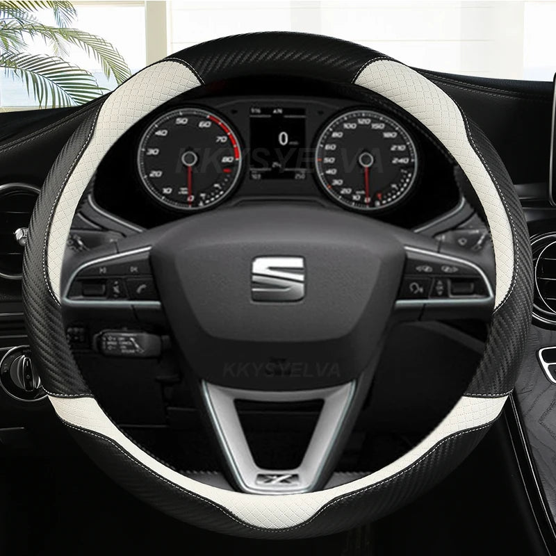 Carbon Fiber+Leather Car Steering Wheel Cover Non-Slip 38cm For Seat Tarraco Arona Ateca Ibiza Toledo Mii Leon Arosa Exeo ST FR