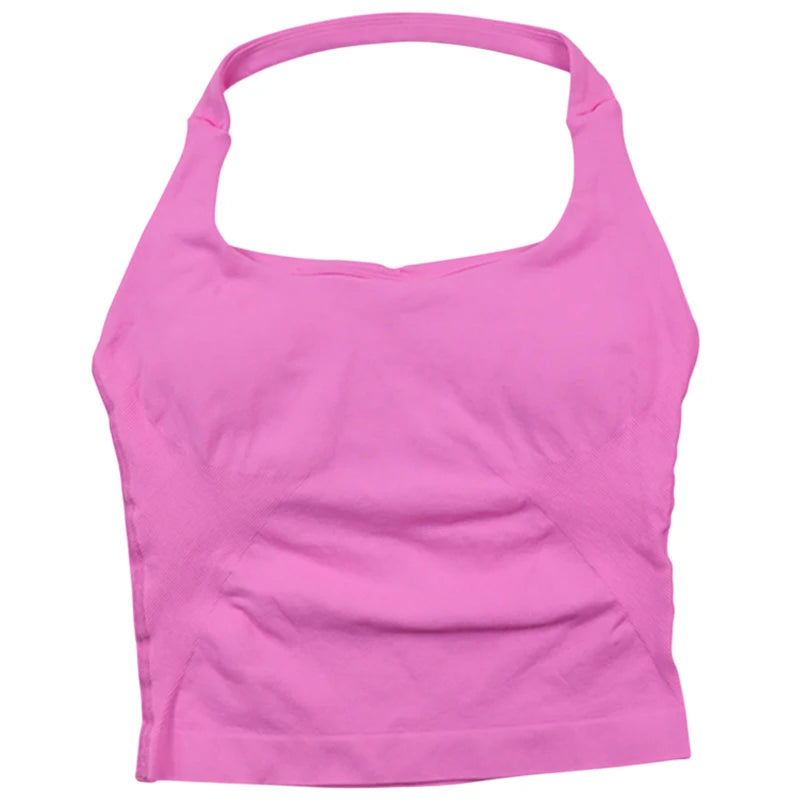 Women's Halter Neck Backless Yoga Set Seamless 2-Piece Outfit Ribbed High-Waist Scrunch Shorts Butt Lifting Gym Pilates Fitness