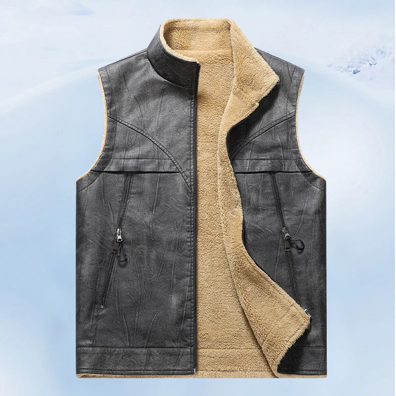 Mens Leather Vest Fleece Lined Warm Winter Motorcycle Vest Jacket Casual Leather Biker Jackets with Zipper Pocket Outwear Coat