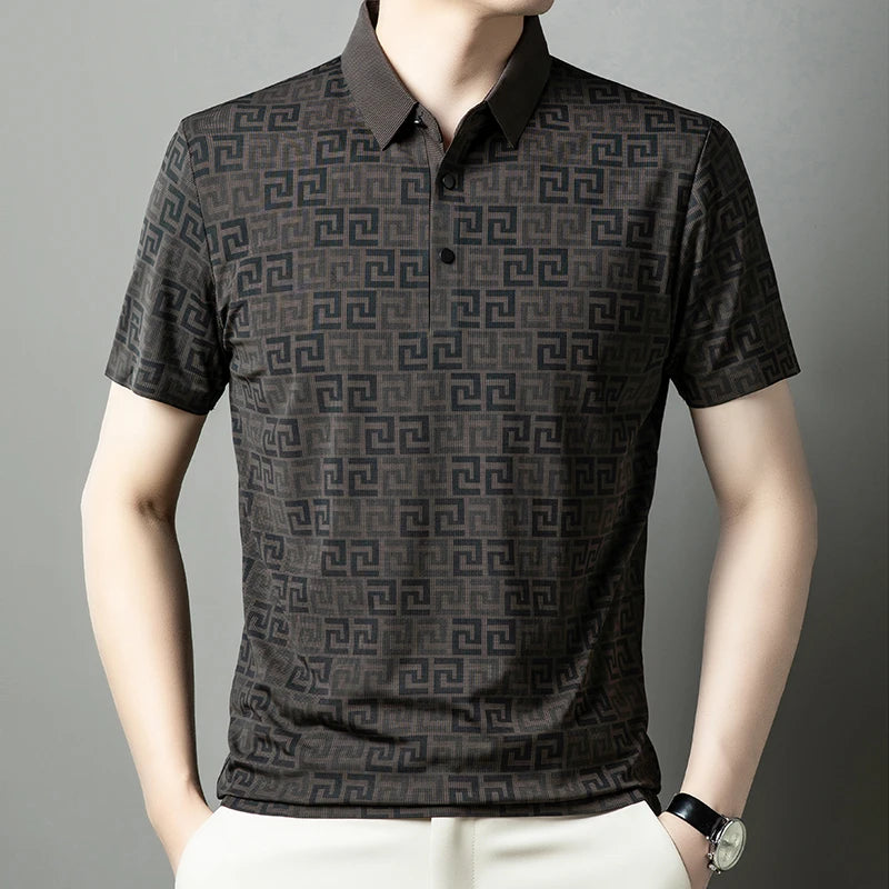 Summer Slim-Fit Men's Short-Sleeved Polo Shirt Classic Lapel Single-Breasted Placket Meander Pattern Casual Style Men's Clothing