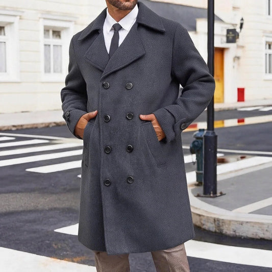 Autumn Winter New European American Men's Double-breasted Woolen Coat Mid-length Trench Coat British Style Warm Outerwear
