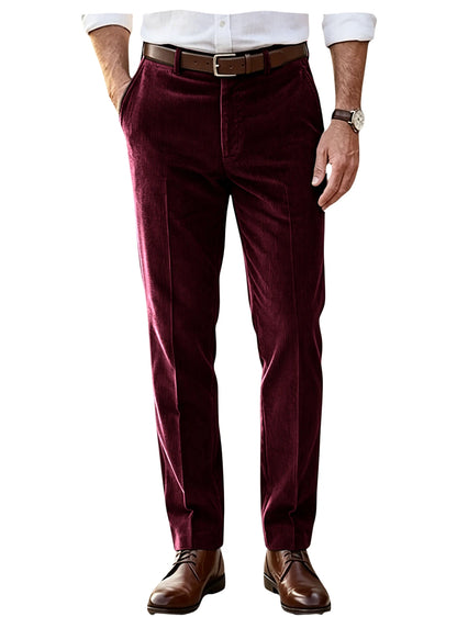 Men's Khaki Corduroy Pants Straight Leg Classic Fit Elastic Waist Comfort Wrinkle Resistant Formal Trousers For Business Office