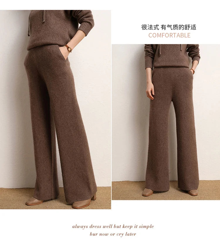 Women's 100% Cashmere Wide Leg Pants Knitted Thick Autumn/Winter Casual Solid Color Elastic Waistband Pockets