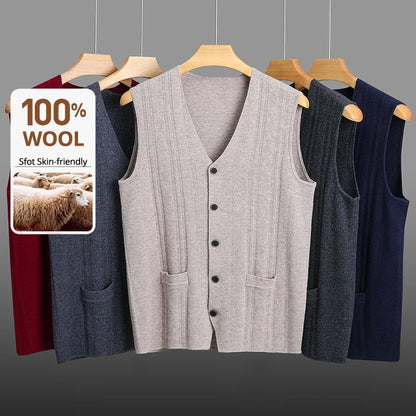 High End 100% Wool New Autum Winter Fashion Brand Knit Cardigan Slim Fit Sweater Vest V-neck Sleeveless Casual Mens Clothing
