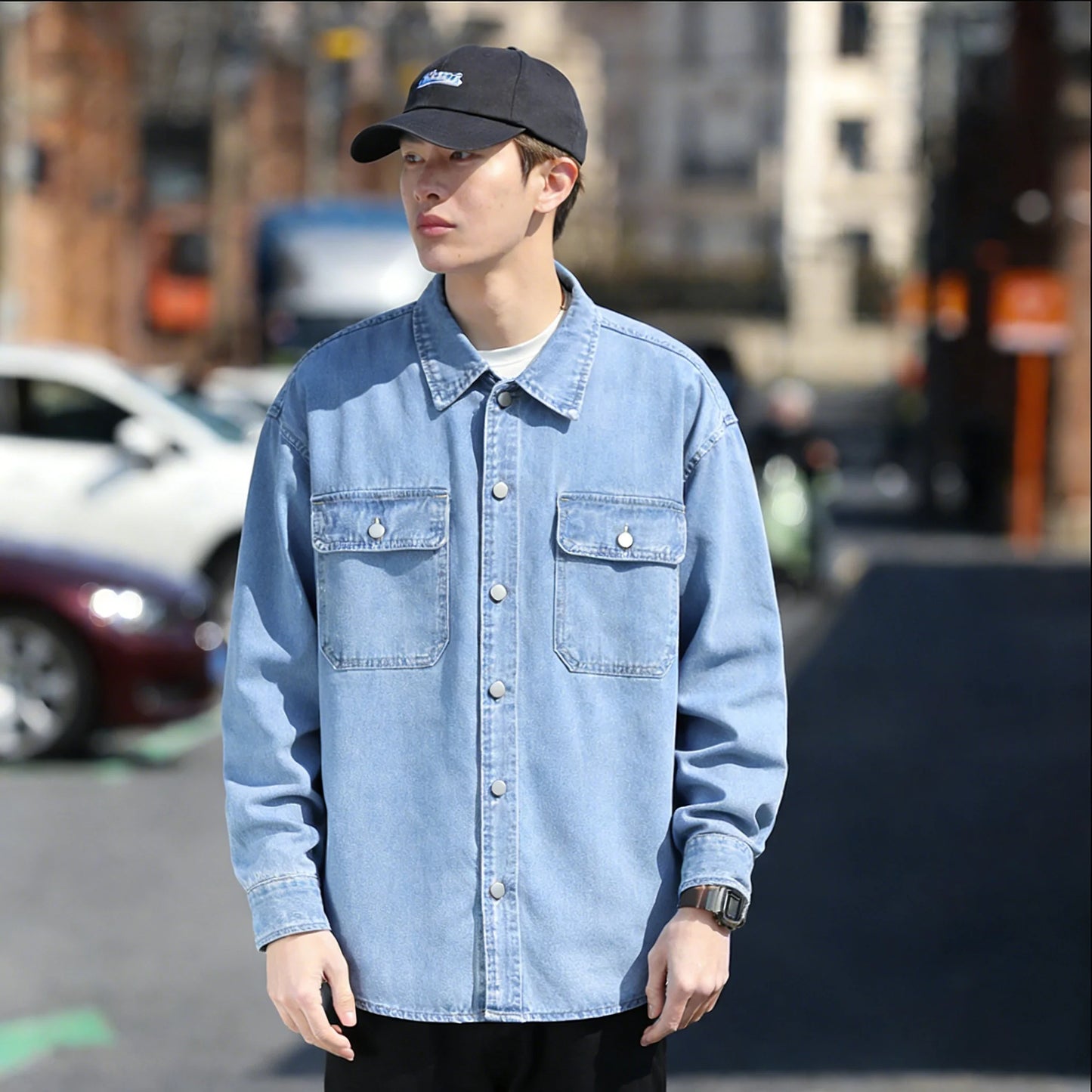 Retro Japanese Style Long Sleeve Denim Jacket Washed out Casual Workwear Versatile Spring Autumn Denim Shirt