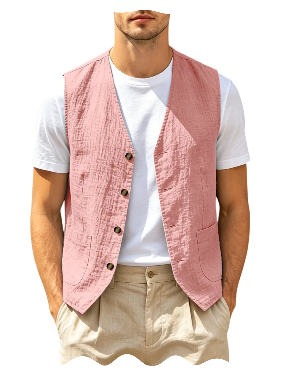 Men's Casual Linen Vest V-Neck Sleeveless Waistcoat Summer Lightweight Breathable Solid Color Button Up Vest For Daily Vacation