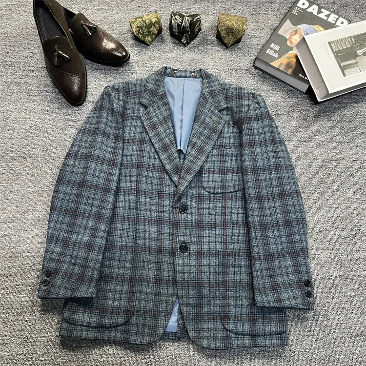 Vintage Unisex Woolen Suit Jacket Simple Casual Plaid Retro Style Warm Windproof Interview Commuting Business Casual Wear