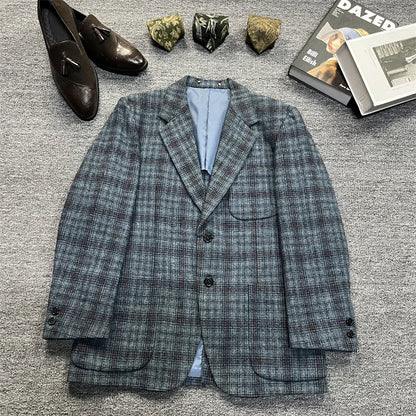 Vintage Unisex Woolen Suit Jacket Simple Casual Plaid Retro Style Warm Windproof Interview Commuting Business Casual Wear