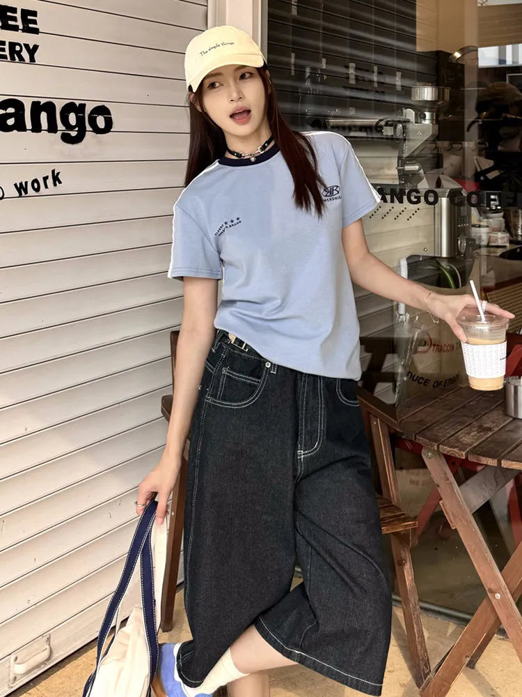 American Retro Loose Wide Leg Street Jeans Seven-Foot Casual Shorts Men Women Summer Small Audience Knee-Covering Jeans