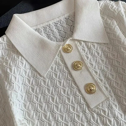 FANAN Ice Silk Polo Shirt Knitted Short Sleeve T-Shirts Lady New Chic Thin Unique Jacquard Women Tops 2025 Korean Style Clothing