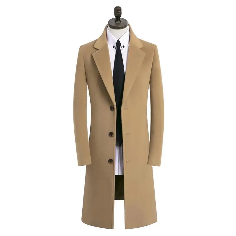 Winter New Men's Mid-Length Woolen Coat Double-Faced Cashmere Warm Business Style Korean Version Travel Suitable Single-Button