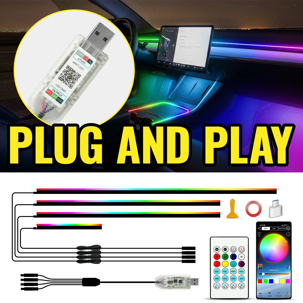 Universal 43-inch RGB Car Interior Lighting Kit with App Control - 64 Colors & 8 Dynamic Modes