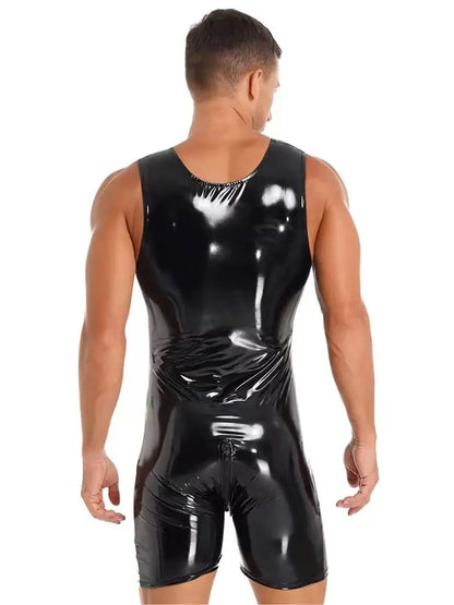 Sleeveless Wet Look PVC Playsuits Catsuit Shiny PU Leather Zipper Open Crotch Bodysuit Tight Sexy Hot Shapers Bodybuilding