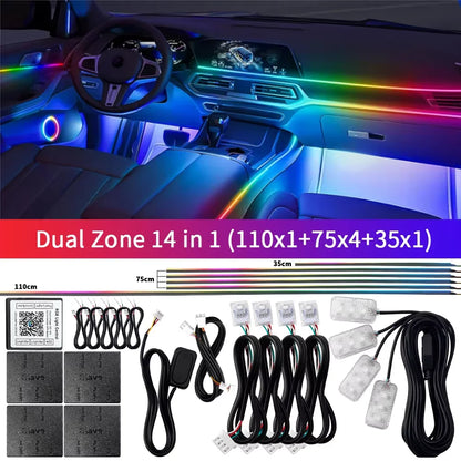 18 in 1 Dual Zone Symphony Streamer Car Ambient Light RGB 64 Colors Interior Rainbow Acrylic Strip Atmosphere Lighting kit App
